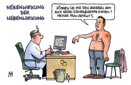 Cartoon: Nebenwirkung (medium) by Harm Bengen tagged nebenwirkungen,impfung,schweinegrippe,impfstoff,patient,arzt,pandemie,grippe,arm,impfung,schweinegrippe,pandmie,impfstoff,nebenwirkungen,wirkungsverstärker,krankheit,gesundheit,grippe,virus,nebenwirkung,patient,praxis,arzt,doktor,bürger,politiker,unterschied