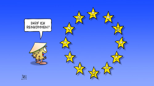 Cartoon: Neue China-Varianten (medium) by Harm Bengen tagged eu,europa,sterne,fahne,covid,corona,virus,china,einreisebeschränkungen,tests,angst,harm,bengen,cartoon,karikatur,eu,europa,sterne,fahne,covid,corona,virus,china,einreisebeschränkungen,tests,angst,harm,bengen,cartoon,karikatur