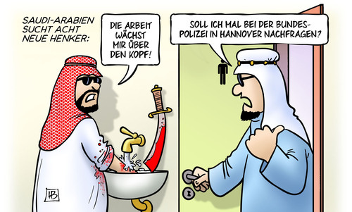 Cartoon: Neue Henker (medium) by Harm Bengen tagged saudi,arabien,henker,arbeit,kopf,bundespolizei,hannover,skandal,misshandlungen,fluechtlinge,harm,bengen,cartoon,karikatur,saudi,arabien,henker,arbeit,kopf,bundespolizei,hannover,skandal,misshandlungen,fluechtlinge,harm,bengen,cartoon,karikatur