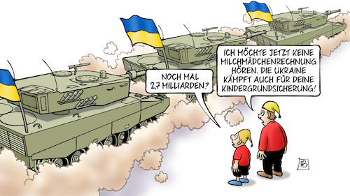 Cartoon: Neue Ukraine-Lieferung (medium) by Harm Bengen tagged milliarden,milchmädchenrechnung,kindergrundsicherung,waffenlieferungen,panzer,michel,kind,russland,ukraine,krieg,harm,bengen,cartoon,karikatur,milliarden,milchmädchenrechnung,kindergrundsicherung,waffenlieferungen,panzer,michel,kind,russland,ukraine,krieg,harm,bengen,cartoon,karikatur