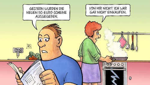 Cartoon: Neuer Fünfziger (medium) by Harm Bengen tagged neuer,fünfziger,50,euro,scheine,ausgegeben,geld,ehe,zeitung,einkaufen,falschgeld,harm,bengen,cartoon,karikatur,neuer,fünfziger,50,euro,scheine,ausgegeben,geld,ehe,zeitung,einkaufen,falschgeld,harm,bengen,cartoon,karikatur