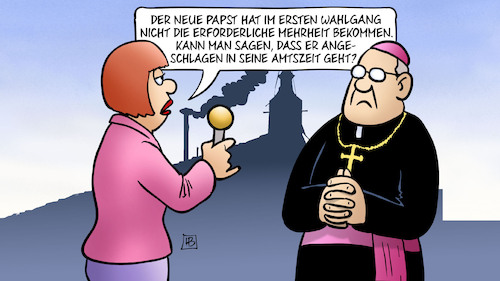 Cartoon: Neuer Papst angeschlagen (medium) by Harm Bengen tagged ersten,wahlgang,mehrheit,angeschlagen,amtszeit,papst,interview,schwarzer,rauch,papstwahl,rom,konklave,katholische,kirche,vatikan,wahl,harm,bengen,cartoon,karikatur,ersten,wahlgang,mehrheit,angeschlagen,amtszeit,papst,interview,schwarzer,rauch,papstwahl,rom,konklave,katholische,kirche,vatikan,wahl,harm,bengen,cartoon,karikatur
