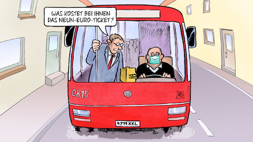 Cartoon: Neun-Euro-Ticket-Preis (medium) by Harm Bengen tagged neun,euro,ticket,bus,nahverkehr,harm,bengen,cartoon,karikatur,neun,euro,ticket,bus,nahverkehr,harm,bengen,cartoon,karikatur