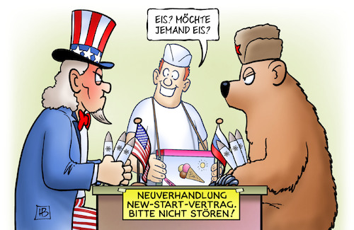 Cartoon: New-Start-Vertrag (medium) by Harm Bengen tagged neuverhandlung,new,start,vertrag,abrüstung,raketen,kalter,krieg,eisverkäufer,eis,wien,bär,uncle,sam,usa,russland,harm,bengen,cartoon,karikatur,neuverhandlung,new,start,vertrag,abrüstung,raketen,kalter,krieg,eisverkäufer,eis,wien,bär,uncle,sam,usa,russland,harm,bengen,cartoon,karikatur