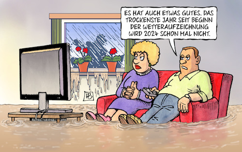 Cartoon: Nicht das trockenste Jahr (medium) by Harm Bengen tagged gutes,trockenste,jahr,wetteraufzeichnung,2024,tv,regen,dauerregen,hochwasser,harm,bengen,cartoon,karikatur,gutes,trockenste,jahr,wetteraufzeichnung,2024,tv,regen,dauerregen,hochwasser,harm,bengen,cartoon,karikatur