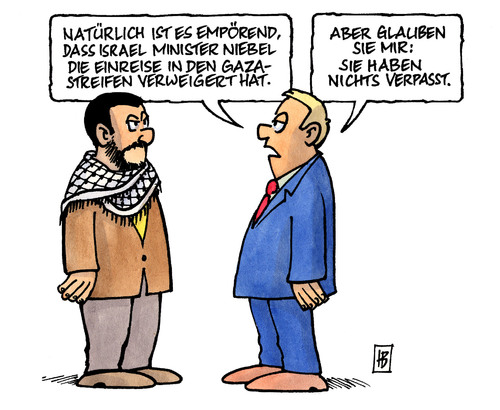 Cartoon: Niebel und Gaza (medium) by Harm Bengen tagged niebel,entwicklungshilfeminister,gaza,palästina,einreise,verweigert,verweigern,blockade,deutschland,israel,verpassen,empörend,empörung,hamas,niebel,entwicklungshilfeminister,gaza,palästina,verweigert,verweigern,blockade,deutschland,verpassen,empörend,empörung,hamas