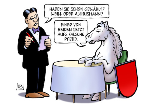 Cartoon: Niedersachsen-Pferd (medium) by Harm Bengen tagged niedersachsen,pferd,landtagswahlen,cdu,spd,weill,althusmann,ober,kellner,wappen,harm,bengen,cartoon,karikatur,niedersachsen,pferd,landtagswahlen,cdu,spd,weill,althusmann,ober,kellner,wappen,harm,bengen,cartoon,karikatur