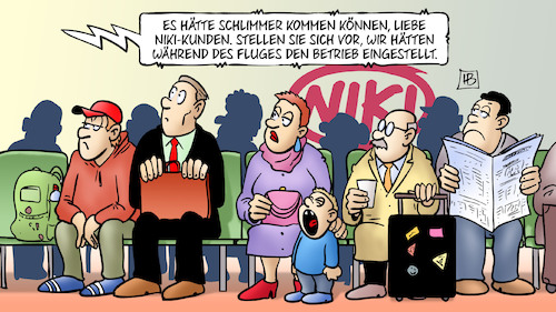 Cartoon: Niki (medium) by Harm Bengen tagged niki,kunden,flughafen,warten,pleite,insolvenz,fluggesellschaft,harm,bengen,cartoon,karikatur,niki,kunden,flughafen,warten,pleite,insolvenz,fluggesellschaft,harm,bengen,cartoon,karikatur