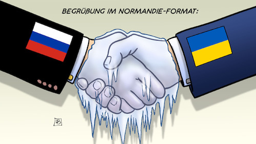 Cartoon: Normandie-Format (medium) by Harm Bengen tagged begrüssung,begrüßung,normandie,format,deutschland,frankreich,ukraine,russland,donbass,krieg,eiszapfen,händedruck,handschlag,putin,selenskyj,harm,bengen,cartoon,karikatur,begrüssung,begrüßung,normandie,format,deutschland,frankreich,ukraine,russland,donbass,krieg,eiszapfen,händedruck,handschlag,putin,selenskyj,harm,bengen,cartoon,karikatur