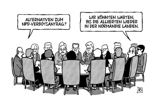 Cartoon: NPD-Verbotsantrag (medium) by Harm Bengen tagged npd,verbotsantrag,partei,bverfg,antrag,ministerpräsidenten,konferenz,beschluss,alliierte,normandie,landung,harm,bengen,cartoon,karikatur