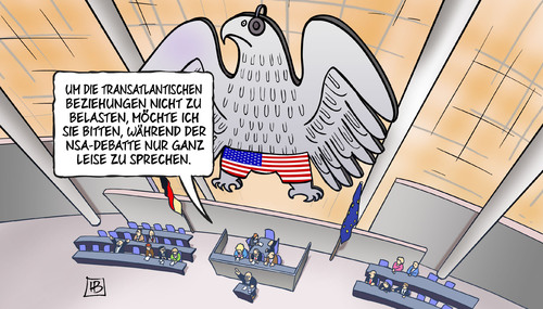 Cartoon: NSA im Bundestag (medium) by Harm Bengen tagged bundestag,debatte,adler,leise,sprechen,geheim,botschaft,nospyabkommen,no,spy,abkommen,abören,unter,freunden,edward,snowden,europa,usa,grossbritannien,staatschefs,obama,nsa,gchq,bnd,verfassungsschutz,geheimdienst,geheimdienste,überwachung,merkel,mobiltelefon,handy,spionage,regierung,harm,bengen,cartoon,karikatur,bundestag,debatte,adler,leise,sprechen,geheim,botschaft,nospyabkommen,no,spy,abkommen,abören,unter,freunden,edward,snowden,europa,usa,grossbritannien,staatschefs,obama,nsa,gchq,bnd,verfassungsschutz,geheimdienst,geheimdienste,überwachung,merkel,mobiltelefon,handy,spionage,regierung,harm,bengen,cartoon,karikatur