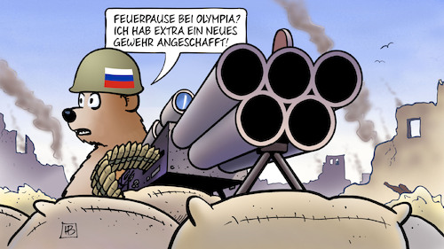 Cartoon: Olympia-Feuerpause (medium) by Harm Bengen tagged feuerpause,olympia,gewehr,maschinengewehr,bär,russland,ukraine,krieg,harm,bengen,cartoon,karikatur,feuerpause,olympia,gewehr,maschinengewehr,bär,russland,ukraine,krieg,harm,bengen,cartoon,karikatur