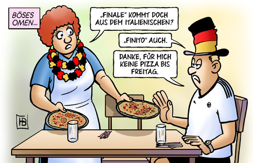 Cartoon: Omen (medium) by Harm Bengen tagged omen,finale,fussball,em,europameisterschaft,deutschland,italien,halbfinale,finito,ausscheiden,angst,sieg,niederlage,pizza,omen,fussball,em 2012,euro 2012,halbfinale,em,2012,euro