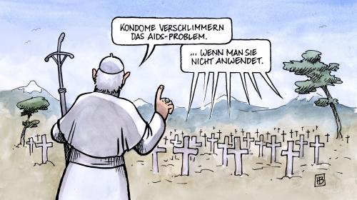 Cartoon: Papst in Afrika (medium) by Harm Bengen tagged papst,afrika,aids,hiv,verhütung,schutz,kondom,kondome,friedhof,tod,tot,cartoon,papst,papst benedikt,aids,virus,hiv,verhütung,schutz,kondom,kondome,friedhof,tod,tot,sterben,afrika,verhütungsmittel,gefahr,risiko,geschlechtsverkehr,sex,ehe,ehepaar,fremdgehen,seitensprung,treue,gummi,krankheit,religion,kirche,glaube,bevölkerung,benedikt