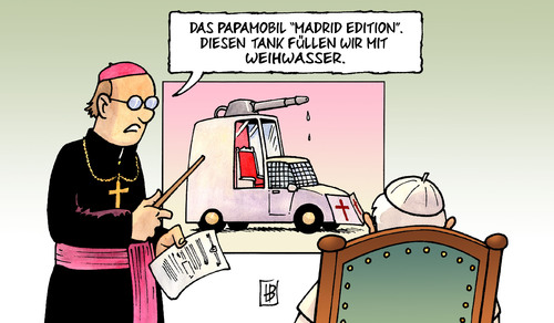 Cartoon: Papst in Madrid (medium) by Harm Bengen tagged papst,madrid,besuch,weltjugendtag,spanien,polizei,protest,demonstration,kritik,kirche,katholisch,steuergelder,jugend,papst,madrid,besuch,weltjugendtag,spanien,polizei,protest,demonstration,kirche,kritik