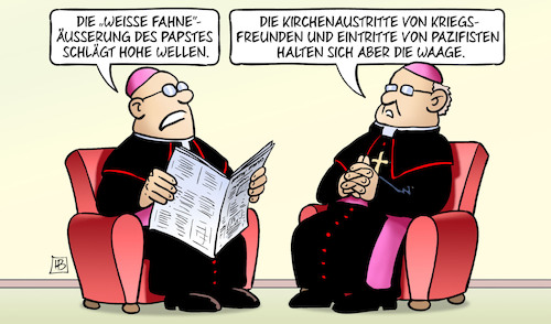 Cartoon: Papst und Fahne (medium) by Harm Bengen tagged weisse,fahne,kirchenaustritte,kriegsfreunde,eintritte,pazifisten,papst,franziskus,ukraine,russland,waffenstillstand,verhandlungen,frieden,krieg,kirche,geistliche,harm,bengen,cartoon,karikatur,weisse,fahne,kirchenaustritte,kriegsfreunde,eintritte,pazifisten,papst,franziskus,ukraine,russland,waffenstillstand,verhandlungen,frieden,krieg,kirche,geistliche,harm,bengen,cartoon,karikatur