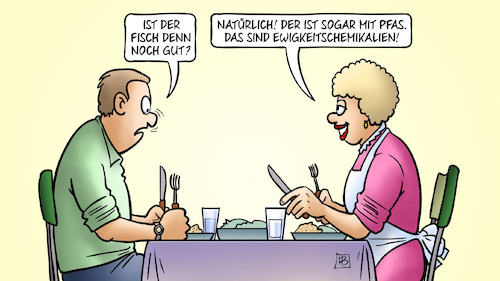 Cartoon: PFAS im Speisefisch (medium) by Harm Bengen tagged fisch,haltbarkeit,verdorben,pfas,ewigkeitschemikalien,gift,speisefisch,essen,harm,bengen,cartoon,karikatur,fisch,haltbarkeit,verdorben,pfas,ewigkeitschemikalien,gift,speisefisch,essen,harm,bengen,cartoon,karikatur