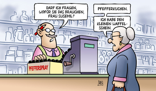 Cartoon: Pfefferspray (medium) by Harm Bengen tagged pfefferspray,susemil,laden,pfefferkuchen,backen,kleiner,waffenschein,waffelschein,harm,bengen,cartoon,karikatur,pfefferspray,susemil,laden,pfefferkuchen,backen,kleiner,waffenschein,waffelschein,harm,bengen,cartoon,karikatur