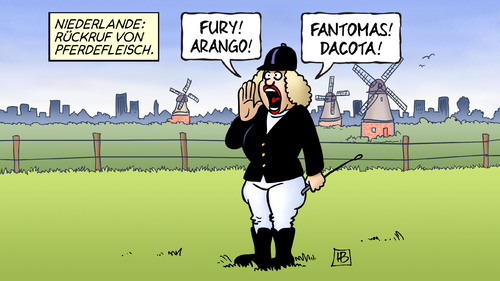 Cartoon: Pferdefleisch-Rückruf (medium) by Harm Bengen tagged niederlande,holland,rückruf,pferdefleisch,skandal,lebensmittel,reiterin,reiter,pferde,fleisch,harm,bengen,cartoon,karikatur,niederlande,holland,rückruf,pferdefleisch,skandal,lebensmittel,reiterin,reiter,pferde,fleisch,harm,bengen,cartoon,karikatur