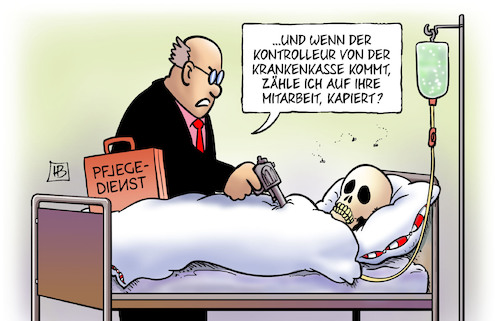 Cartoon: Pflege-Betrug (medium) by Harm Bengen tagged pflegedienst,gesundheitswesen,betrug,kontrolleur,krankenkasse,skelett,tod,tot,harm,bengen,cartoon,karikatur,pflegedienst,gesundheitswesen,betrug,kontrolleur,krankenkasse,skelett,tod,tot,harm,bengen,cartoon,karikatur