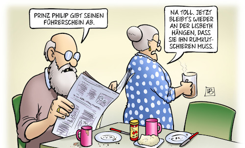 Cartoon: Philips Führerschein (medium) by Harm Bengen tagged prinz,philip,führerschein,lisbeth,queen,elisabeth,rumkutschieren,gb,uk,susemil,harm,bengen,cartoon,karikatur,prinz,philip,führerschein,lisbeth,queen,elisabeth,rumkutschieren,gb,uk,susemil,harm,bengen,cartoon,karikatur