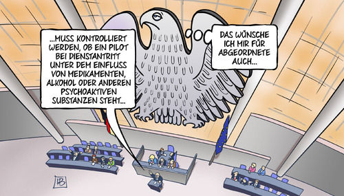 Cartoon: Pilotenkontrollen (medium) by Harm Bengen tagged pilotenkontrollen,pilot,flugsicherheit,dienstantritt,einfluss,medikamente,alkohol,psychoaktive,substanzen,abgeordnete,bundestag,bundesadler,drogen,debatte,harm,bengen,cartoon,karikatur,pilotenkontrollen,pilot,flugsicherheit,dienstantritt,einfluss,medikamente,alkohol,psychoaktive,substanzen,abgeordnete,bundestag,bundesadler,drogen,debatte,harm,bengen,cartoon,karikatur