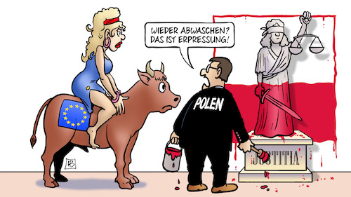 Cartoon: Polen-Justiz-EU (medium) by Harm Bengen tagged polen,justiz,eu,europa,stier,abwaschen,erpressung,justitia,farbe,morawiecki,harm,bengen,cartoon,karikatur,polen,justiz,eu,europa,stier,abwaschen,erpressung,justitia,farbe,morawiecki,harm,bengen,cartoon,karikatur