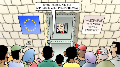 Cartoon: Polen-Visa (medium) by Harm Bengen tagged polnische,visa,visum,pis,partei,polen,regierung,korruption,flüchtlinge,tor,mauer,europa,eu,harm,bengen,cartoon,karikatur,polnische,visa,visum,pis,partei,polen,regierung,korruption,flüchtlinge,tor,mauer,europa,eu,harm,bengen,cartoon,karikatur