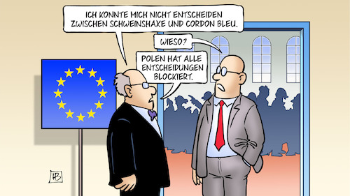 Cartoon: Polen blockiert (medium) by Harm Bengen tagged schweinshaxe,cordon,bleu,entscheidungen,blockiert,blockieren,blockade,tusk,wiederwahl,polen,szydlo,ratspräsident,wahl,eu,europa,gipfel,harm,bengen,cartoon,karikatur,schweinshaxe,cordon,bleu,entscheidungen,blockiert,blockieren,blockade,tusk,wiederwahl,polen,szydlo,ratspräsident,wahl,eu,europa,gipfel,harm,bengen,cartoon,karikatur