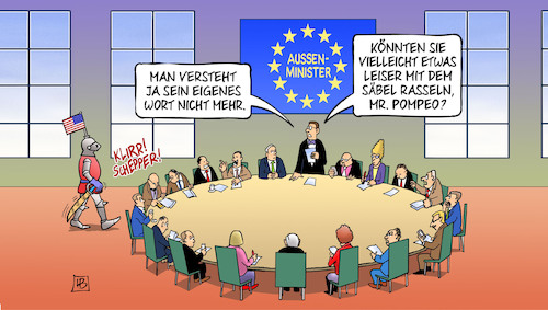 Cartoon: Pompeo und EU-Aussenminister (medium) by Harm Bengen tagged eu,europa,aussenminister,gipfel,säbel,rasseln,ritter,pompeo,krach,usa,iran,atomabkommen,krieg,harm,bengen,cartoon,karikatur,eu,europa,aussenminister,gipfel,säbel,rasseln,ritter,pompeo,krach,usa,iran,atomabkommen,krieg,harm,bengen,cartoon,karikatur