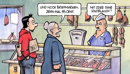 Cartoon: Postfilialenschliessung (medium) by Harm Bengen tagged postfilialenschliessung,post,filialen,schießung,schliessung,postbank,einzelhandel,filiale,schließung,postfiliale,post,filialen,schießung,schliessung,postbank,einzelhandel,handel,verkauf,pleite,theke,wurst,fleischerei,fleisch,briefmarke,wirtschaft,arbeit