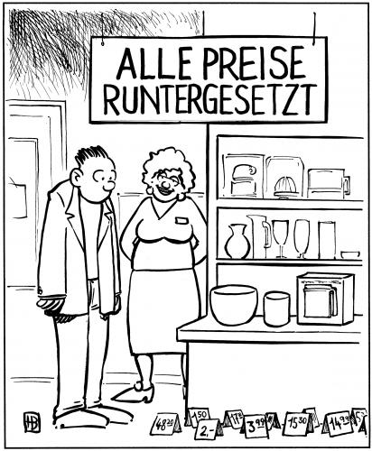 Cartoon: Preise runtergesetzt (medium) by Harm Bengen tagged verkauf,handel,wirtschaft,alden,shop,einkaufsladen,einkaufen,shopping,konsum,supermarkt,einkaufszentrum,forum,geschäft,schnäppchen,sonderangebot,runtergesetzt,preis,verkäuferin,verkäufer,einzelhandel,konkurrenz,billig,günstig,angebot,schlußverkauf,konsument,konsumgesellschaft,rabatt,reduziert,bezahlen,geld,ausgaben,kosten,laden,kunde