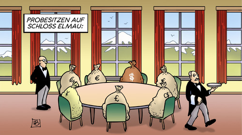 Cartoon: Probesitzen (medium) by Harm Bengen tagged g7,schloss,elmau,kosten,tisch,geldsäcke,gipfel,harm,bengen,cartoon,karikatur,g7,schloss,elmau,kosten,tisch,geldsäcke,gipfel,harm,bengen,cartoon,karikatur