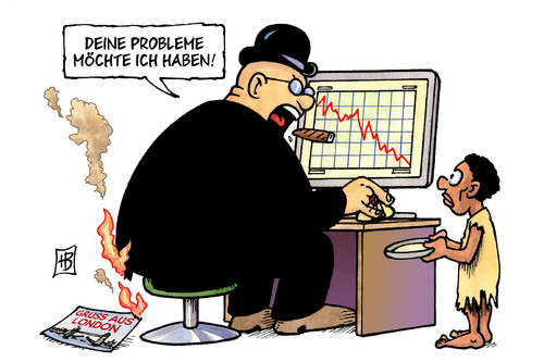 Cartoon: Probleme (medium) by Harm Bengen tagged börse,börsenkurse,polizei,rebellion,randale,krawalle,brand,feuer,london,postkarte,zigarre,flüchtlinge,computer,kenia,somalia,ostafrika,hunger,finanzen,finanzmarkt,finanzmärkte,turbulenzen,crash,absturz,verlust,krise,wirtschaftskrise,ezb,banken,euro,dollar,rettungsschirm,spekulation,iwf,g7,rating,europa,usa,eurostoxx,dowjones,nasdaq,hunger,ostafrika,afrika,kenia,somalia,computer,flüchtlinge,zigarre,postkarte,london,brand,krawalle,polizei,börsenkurse,börse