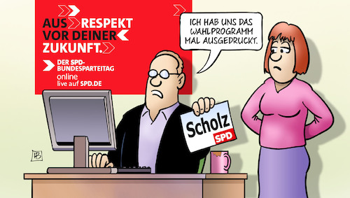 Cartoon: Programm Scholz (medium) by Harm Bengen tagged spd,bundesparteitag,online,computer,wahlprogramm,ausdruck,scholz,wahlkampf,harm,bengen,cartoon,karikatur,spd,bundesparteitag,online,computer,wahlprogramm,ausdruck,scholz,wahlkampf,harm,bengen,cartoon,karikatur