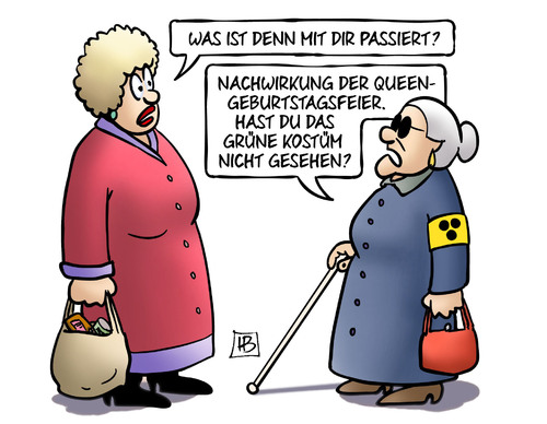 Cartoon: Queen in Grün (medium) by Harm Bengen tagged nachwirkung,queen,geburtstagsfeier,gb,uk,grün,kostüm,blind,susemil,harm,bengen,cartoon,karikatur,nachwirkung,queen,geburtstagsfeier,gb,uk,grün,kostüm,blind,susemil,harm,bengen,cartoon,karikatur