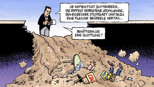 Cartoon: Quittung (medium) by Harm Bengen tagged quittung,cdu,fdp,landtagswahlen,stuttgart,baden,württemberg,rheinland,pfalz,wahlen,verlust,erdrutsch,atom,atomkraft,kernkraft,akw,kernkraftwerk,fukushima,guttenberg,s21,brüderle,essen,trinken,wein,lokal,ober,bedienung,verschüttet,quittung,cdu,fdp,landtagswahlen,stuttgart,baden württemberg,wahlen,rheinland,verlust,baden,württemberg