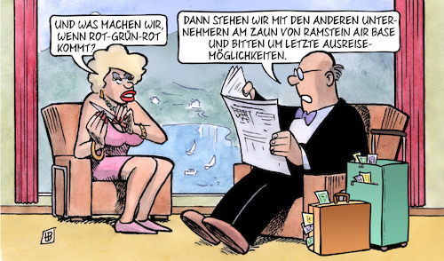 Cartoon: R-G-R-Flucht (medium) by Harm Bengen tagged rot,gruen,flucht,kapitalisten,unternehmer,zaun,ramstein,air,base,ausreise,geldkoffer,bundestagswahl,angst,harm,bengen,cartoon,karikatur,rot,gruen,flucht,kapitalisten,unternehmer,zaun,ramstein,air,base,ausreise,geldkoffer,bundestagswahl,angst,harm,bengen,cartoon,karikatur