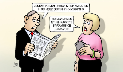 Cartoon: Racketenstart (medium) by Harm Bengen tagged unterschied,elon,musk,spacex,starship,fehlschlag,linkspartei,racketenstart,rackete,linke,parteitag,europawahl,harm,bengen,cartoon,karikatur,unterschied,elon,musk,spacex,starship,fehlschlag,linkspartei,racketenstart,rackete,linke,parteitag,europawahl,harm,bengen,cartoon,karikatur