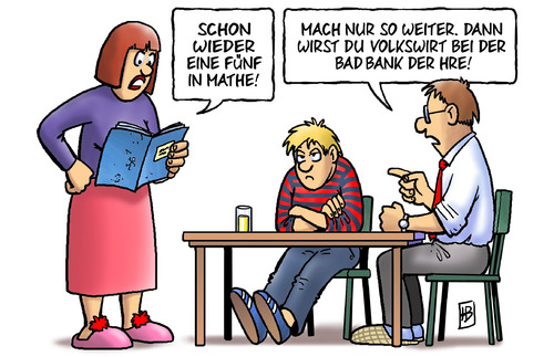 Cartoon: Rechenfehler (medium) by Harm Bengen tagged rechenfehler,rechnen,bank,badbank,hre,hypo,real,estate,schulden,verbindlichkeiten,55,milliarden,euro,bundesfinanzminister,bilanzexperten,bilanz,buchungsfehler,fms,wertmanagement,rechenfehler,rechnen,bank,bad bank,hypo real estate,schulden,verbindlichkeiten,euro,milliarden,bad,hypo,real,estate