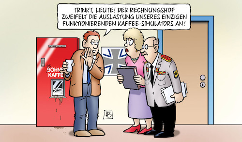 Cartoon: Rechnungshof und Bundeswehr (medium) by Harm Bengen tagged bundesrechnungshof,auslastung,kaffee,automat,simulators,bundeswehr,ausgaben,kosten,harm,bengen,cartoon,karikatur,bundesrechnungshof,auslastung,kaffee,automat,simulators,bundeswehr,ausgaben,kosten,harm,bengen,cartoon,karikatur