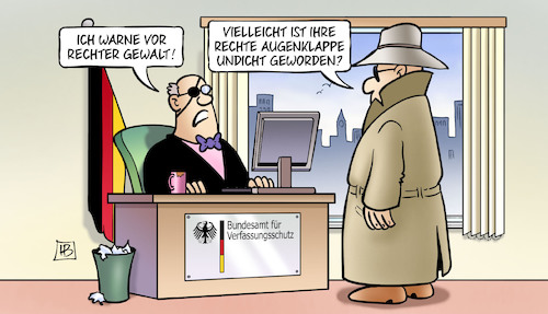 Cartoon: Rechte Gewalt (medium) by Harm Bengen tagged rechte,gewalt,augenklappe,undicht,blind,verfassungsschutz,geheimdienst,agenten,harm,bengen,cartoon,karikatur,rechte,gewalt,augenklappe,undicht,blind,verfassungsschutz,geheimdienst,agenten,harm,bengen,cartoon,karikatur