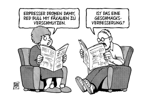 Cartoon: Red Bull-Erpressung (medium) by Harm Bengen tagged redbull,red,bull,erpressung,kriminalitaet,geschmacksverbesserung,geschmack,faekalien,scheisse,harm,bengen,cartoon,karikatur