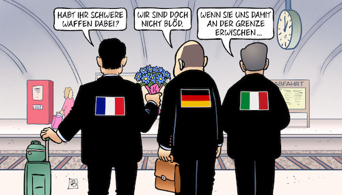 Cartoon: Reisegruppe (medium) by Harm Bengen tagged schwere,waffen,reisegruppe,grenze,scholz,macron,draghi,deutschland,frankreich,italien,bahnhof,blumen,koffer,aktentasche,krieg,ukraine,russland,harm,bengen,cartoon,karikatur,schwere,waffen,reisegruppe,grenze,scholz,macron,draghi,deutschland,frankreich,italien,bahnhof,blumen,koffer,aktentasche,krieg,ukraine,russland,harm,bengen,cartoon,karikatur