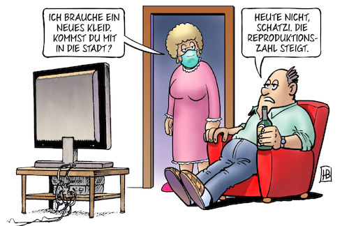 Cartoon: Reproduktionszahl (medium) by Harm Bengen tagged einkauf,shoppen,kleid,mann,frau,tv,reproduktionszahl,corona,coronavirus,ansteckung,pandemie,epidemie,krankheit,schaden,harm,bengen,cartoon,karikatur,einkauf,shoppen,kleid,mann,frau,tv,reproduktionszahl,corona,coronavirus,ansteckung,pandemie,epidemie,krankheit,schaden,harm,bengen,cartoon,karikatur