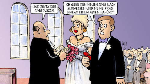 Cartoon: Ringtausch (medium) by Harm Bengen tagged ringtausch,schwere,waffen,hochzeit,heirat,kirche,slowenien,russland,ukraine,krieg,harm,bengen,cartoon,karikatur,ringtausch,schwere,waffen,hochzeit,heirat,kirche,slowenien,russland,ukraine,krieg,harm,bengen,cartoon,karikatur