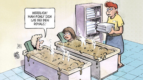 Cartoon: Royal Schlammschlacht (medium) by Harm Bengen tagged herrlich,interview,royals,schlammschlacht,wellness,fango,harry,meghan,uk,gb,queen,harm,bengen,cartoon,karikatur,herrlich,interview,royals,schlammschlacht,wellness,fango,harry,meghan,uk,gb,queen,harm,bengen,cartoon,karikatur