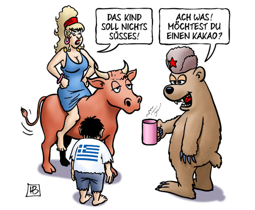 Cartoon: Russland-Kakao (medium) by Harm Bengen tagged kind,süsses,kakao,bär,europa,eu,stier,griechenland,russland,tsipras,besuch,schulden,geld,harm,bengen,cartoon,karikatur,kind,süsses,kakao,bär,europa,eu,stier,griechenland,russland,tsipras,besuch,schulden,geld,harm,bengen,cartoon,karikatur