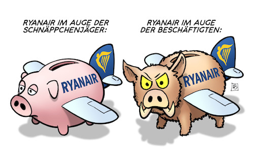 Cartoon: Ryanair-Versionen (medium) by Harm Bengen tagged ryanair,schnäppchenjäger,beschäftigte,piloten,gewerkschaften,fluggesellschaft,sparschweine,wildschweine,harm,bengen,cartoon,karikatur,ryanair,schnäppchenjäger,beschäftigte,piloten,gewerkschaften,fluggesellschaft,sparschweine,wildschweine,harm,bengen,cartoon,karikatur