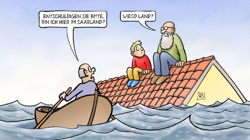 Cartoon: Saarland-Hochwasser (medium) by Harm Bengen tagged hochwasser,saarland,land,boot,ruderboot,opa,dach,enkel,überschwemmungen,wasser,harm,bengen,cartoon,karikatur,hochwasser,saarland,land,boot,ruderboot,opa,dach,enkel,überschwemmungen,wasser,harm,bengen,cartoon,karikatur